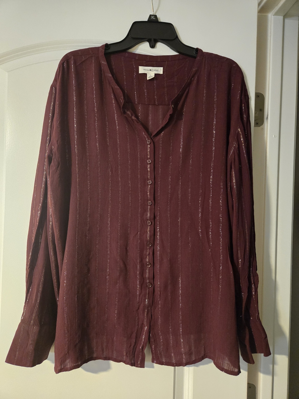 Women’s Burgundy Metallic Striped Long Sleeve Blouse